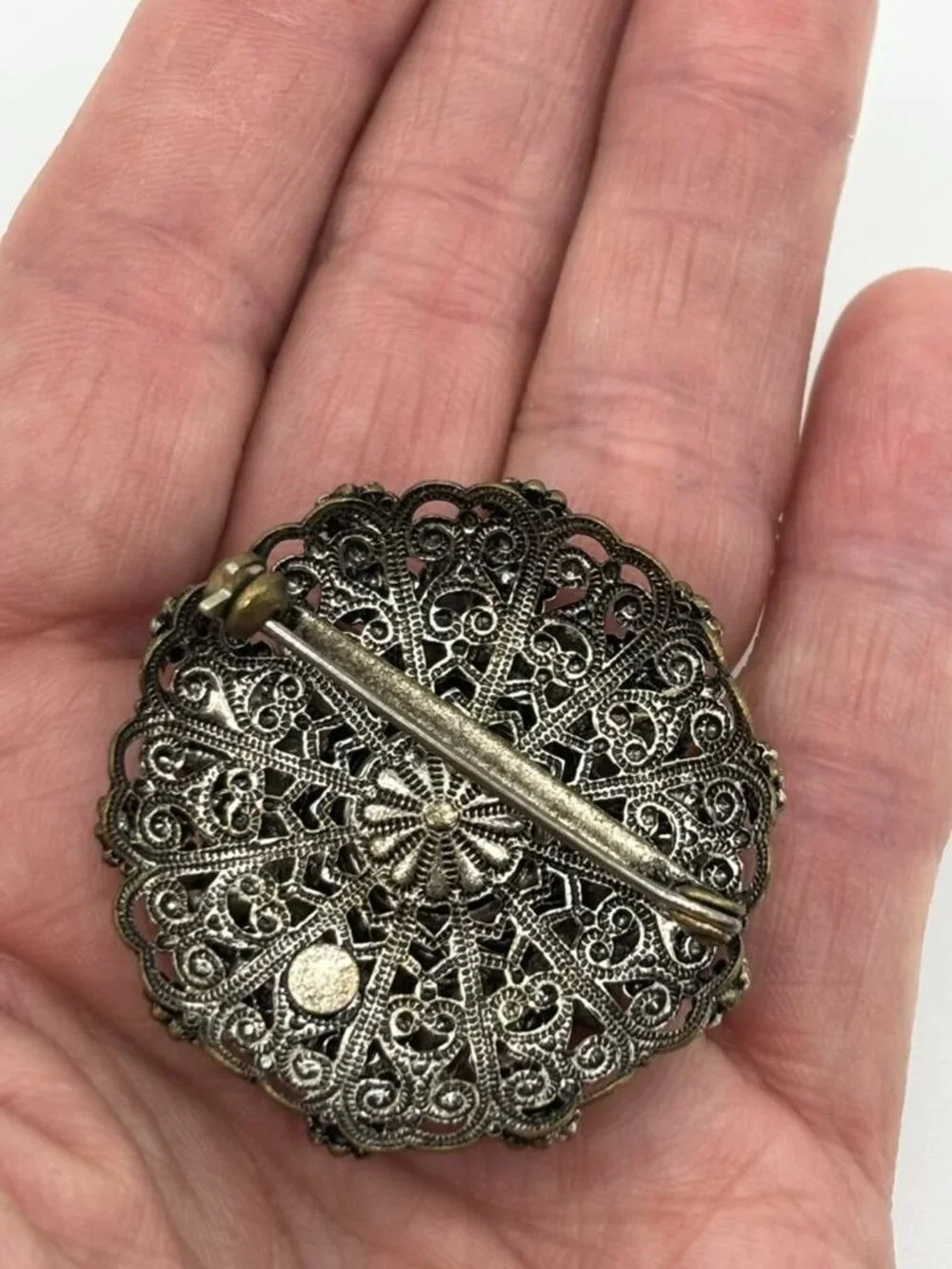 Vintage West Germany High Dome Brooch W/Crystal Faux Pearls Filigree Silver-Tone
